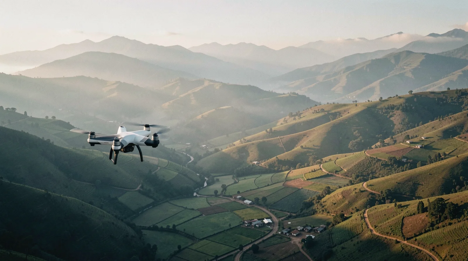 Dron sobrevolando un valle andino de parcelas y colinas, con bruma en los pliegues del terreno.