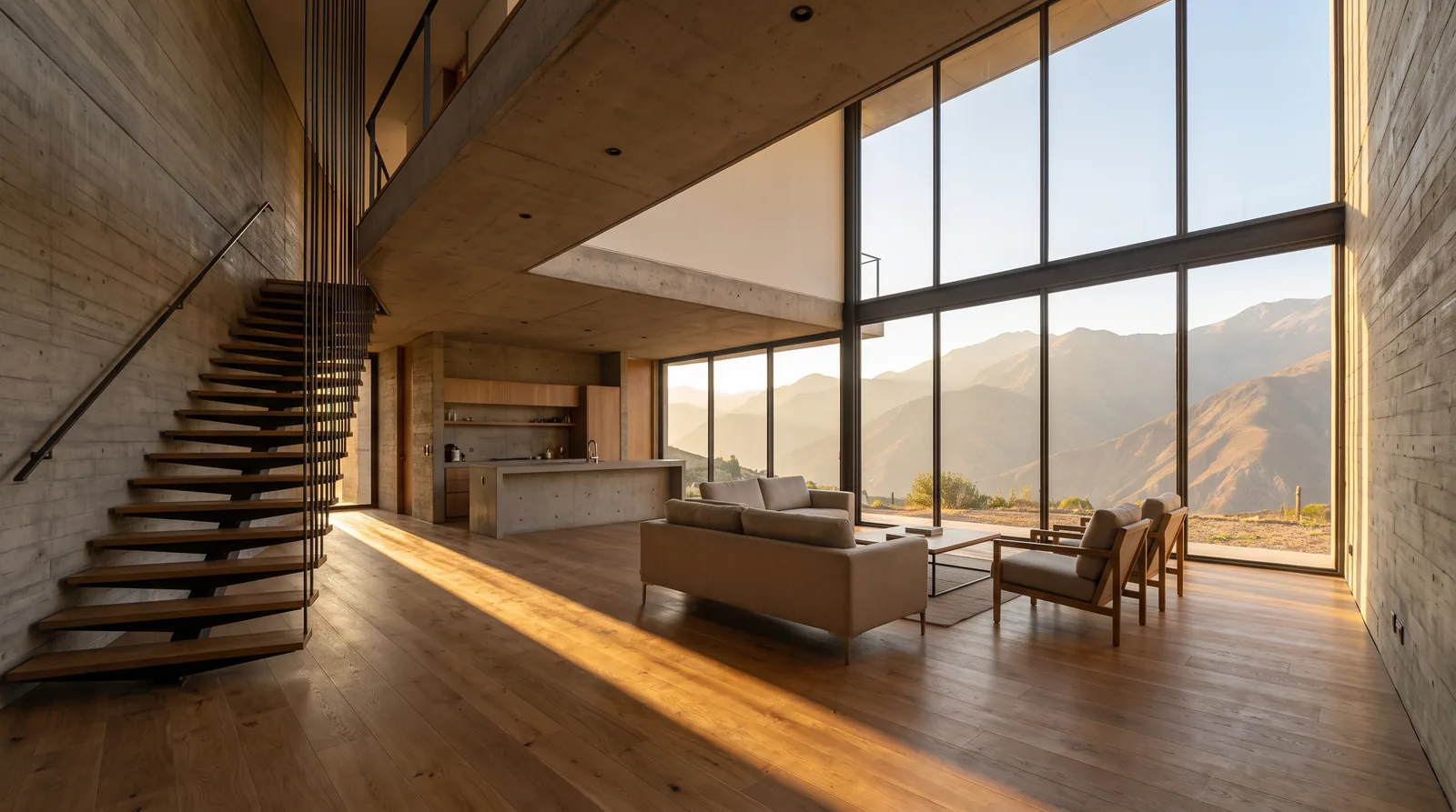 Interior de doble altura con cocina integral, piso en madera de encino y luz natural cálida atravesando el ventanal.