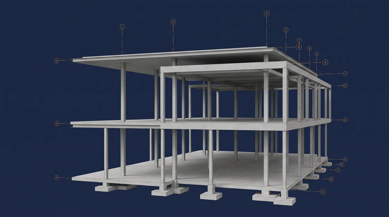 Modelo estructural de pórticos en concreto reforzado con nomenclatura de ejes, vigas y columnas conforme a la NSR-10.