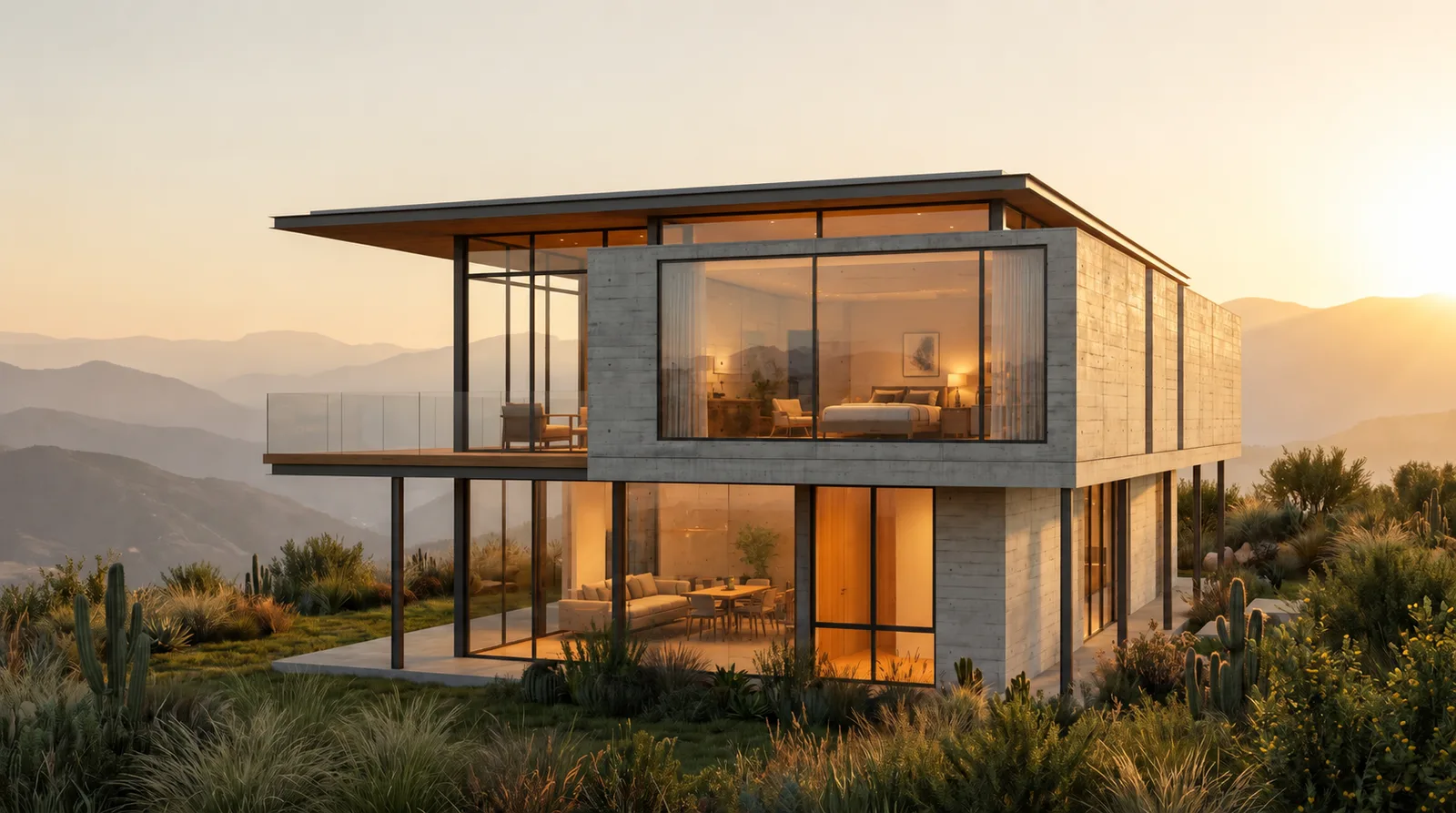 Renderizado de la misma vivienda terminada, en concreto aparente, vidrio y madera.