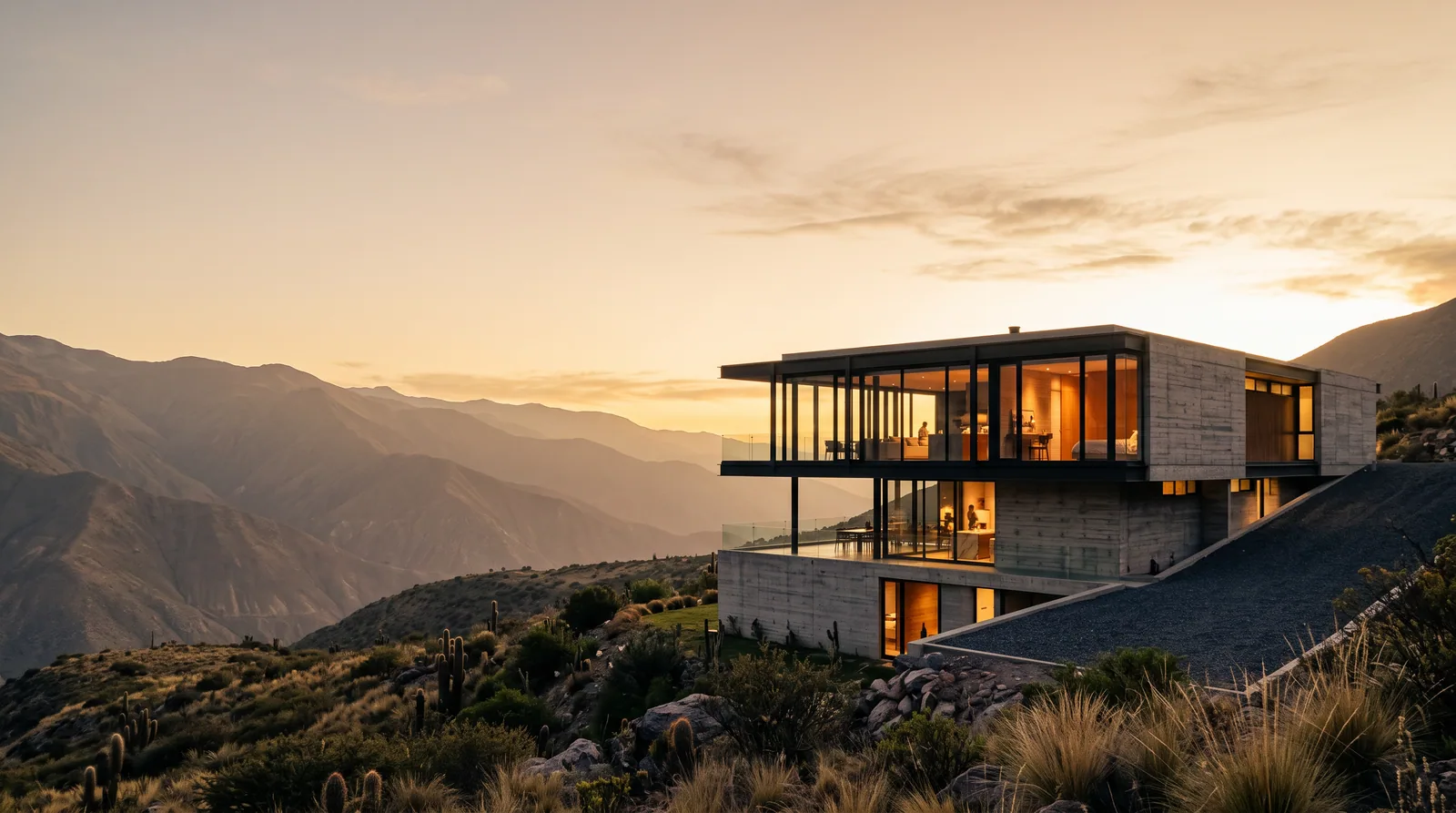Vivienda unifamiliar terminada sobre una ladera andina al atardecer, con el predio ya legalizado e integrado en el terreno.