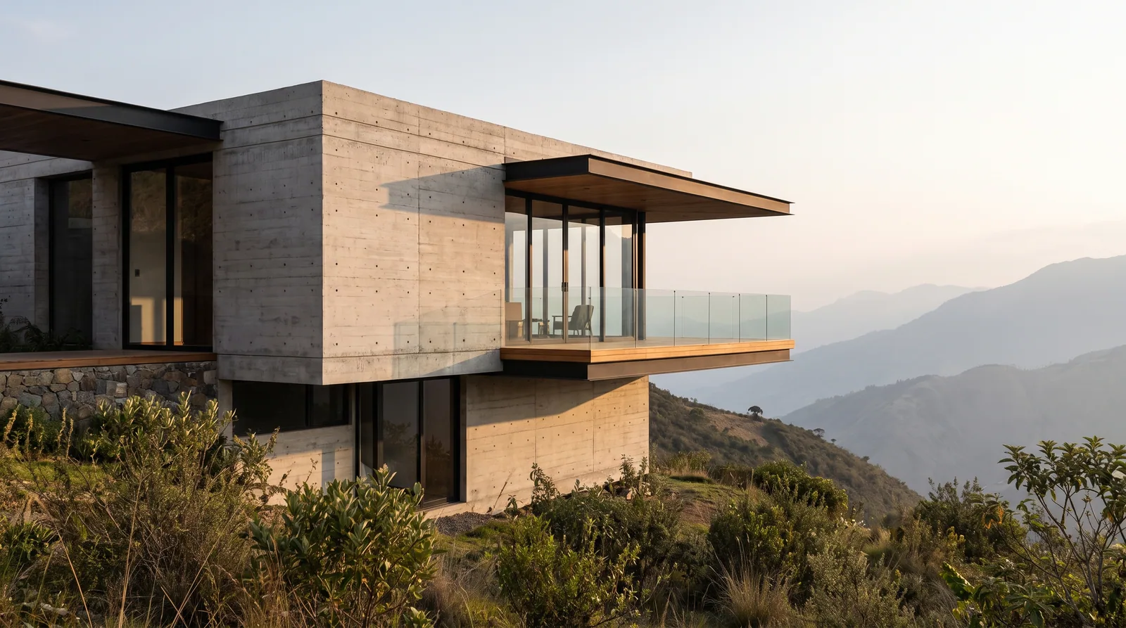 Vivienda unifamiliar contemporánea en concreto aparente, vidrio y acero, integrada en un entorno montañoso de Nariño.